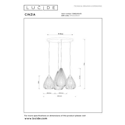 CINZIA - Lampa wisząca - Ø 40 cm - 4xE27 - White 13452/04/31 Lucide